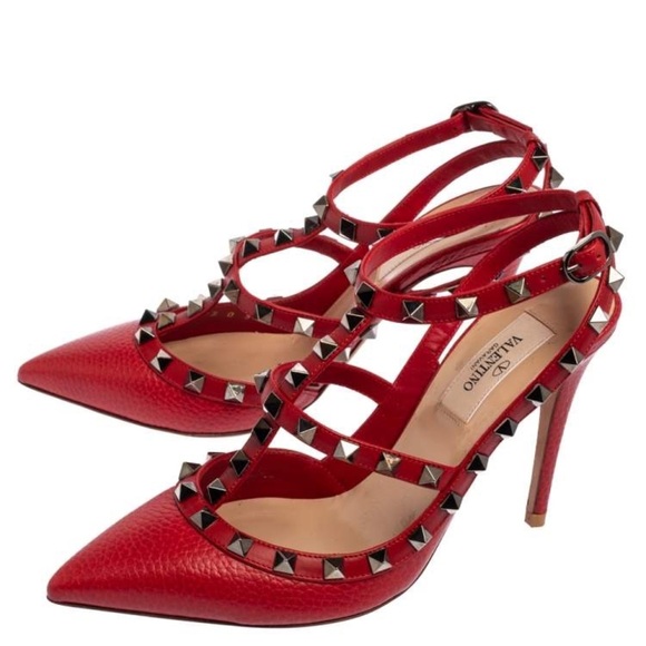 Valentino Garavani Shoes - Valentino Red Leather Rockstud Pointed Toe Ankle Strap Sandals Size 40